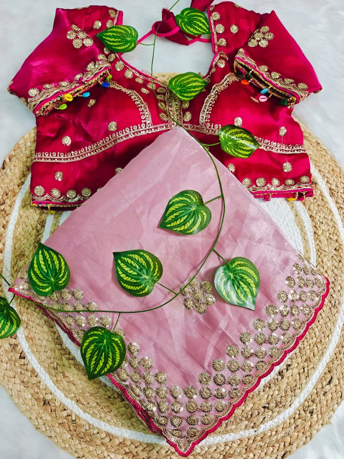 Pink Embroidery Saree with Readymade Blouse - Image 4