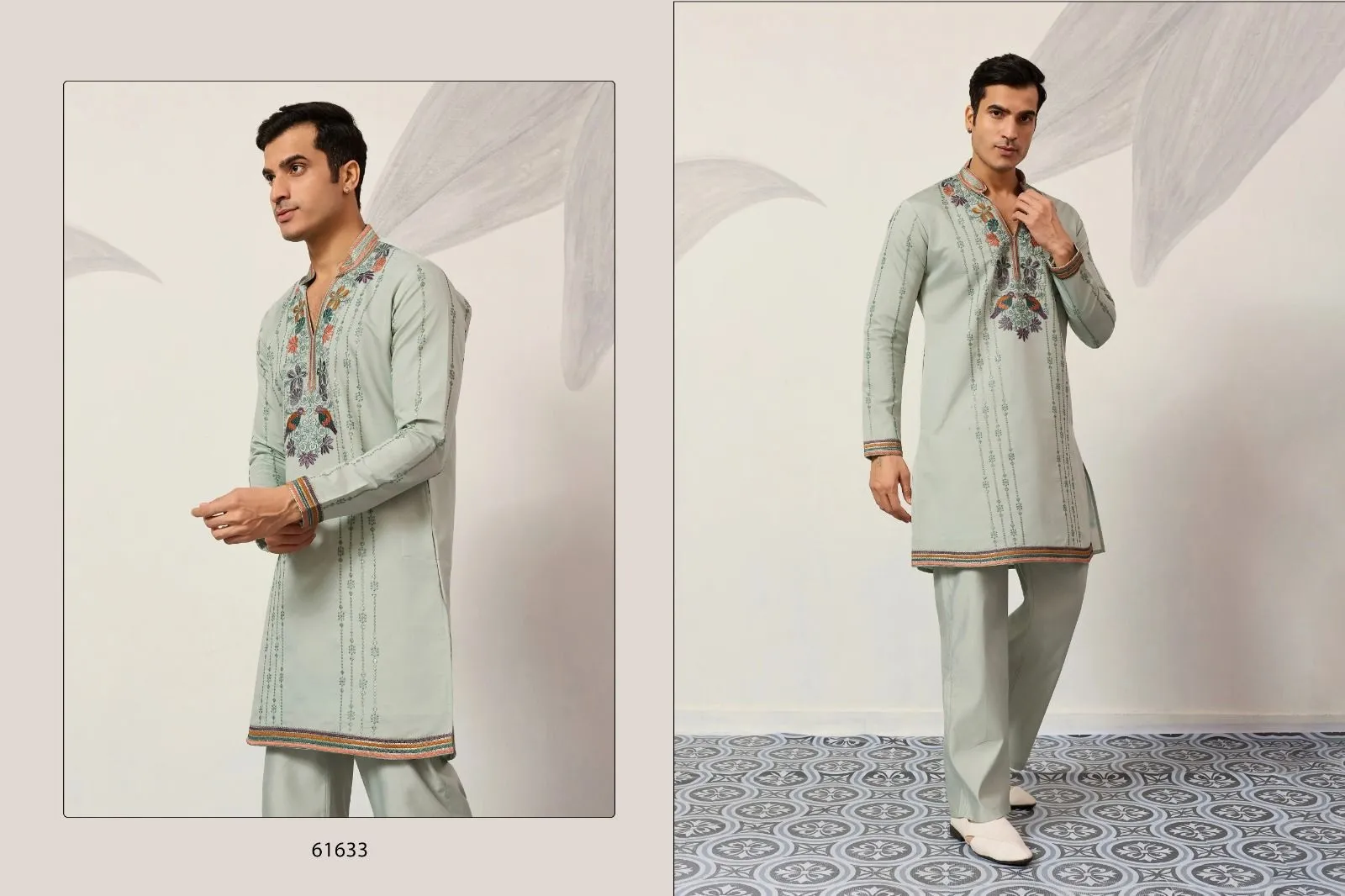 Pista Color Mens Embroidery Kurta Set for Sangeet - Image 4