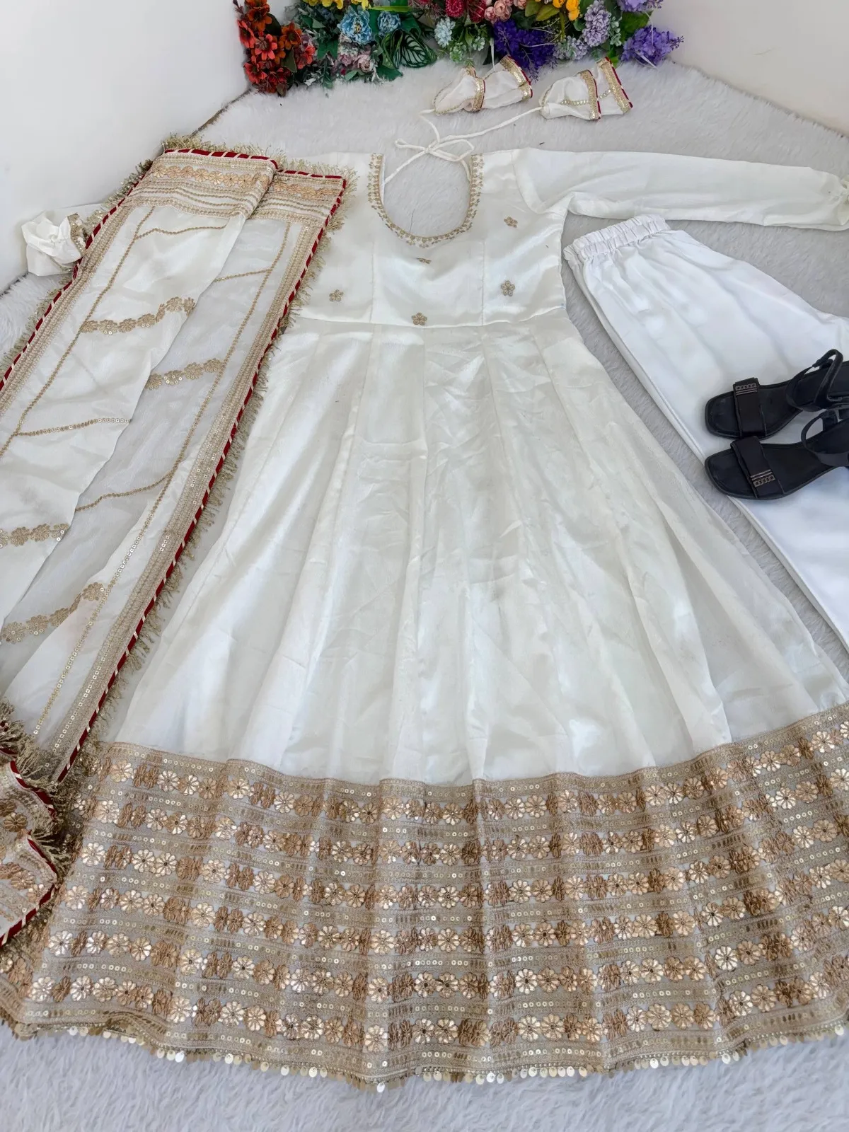 Ramzan Eid Special Cream Anarkali Dress | Eid Suits - Image 5