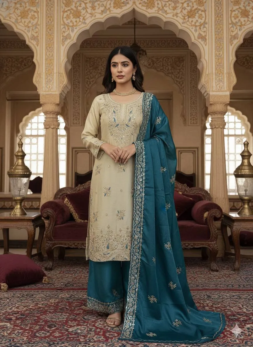 Readymade Dress Blue and Cream Contrast Color - Image 2