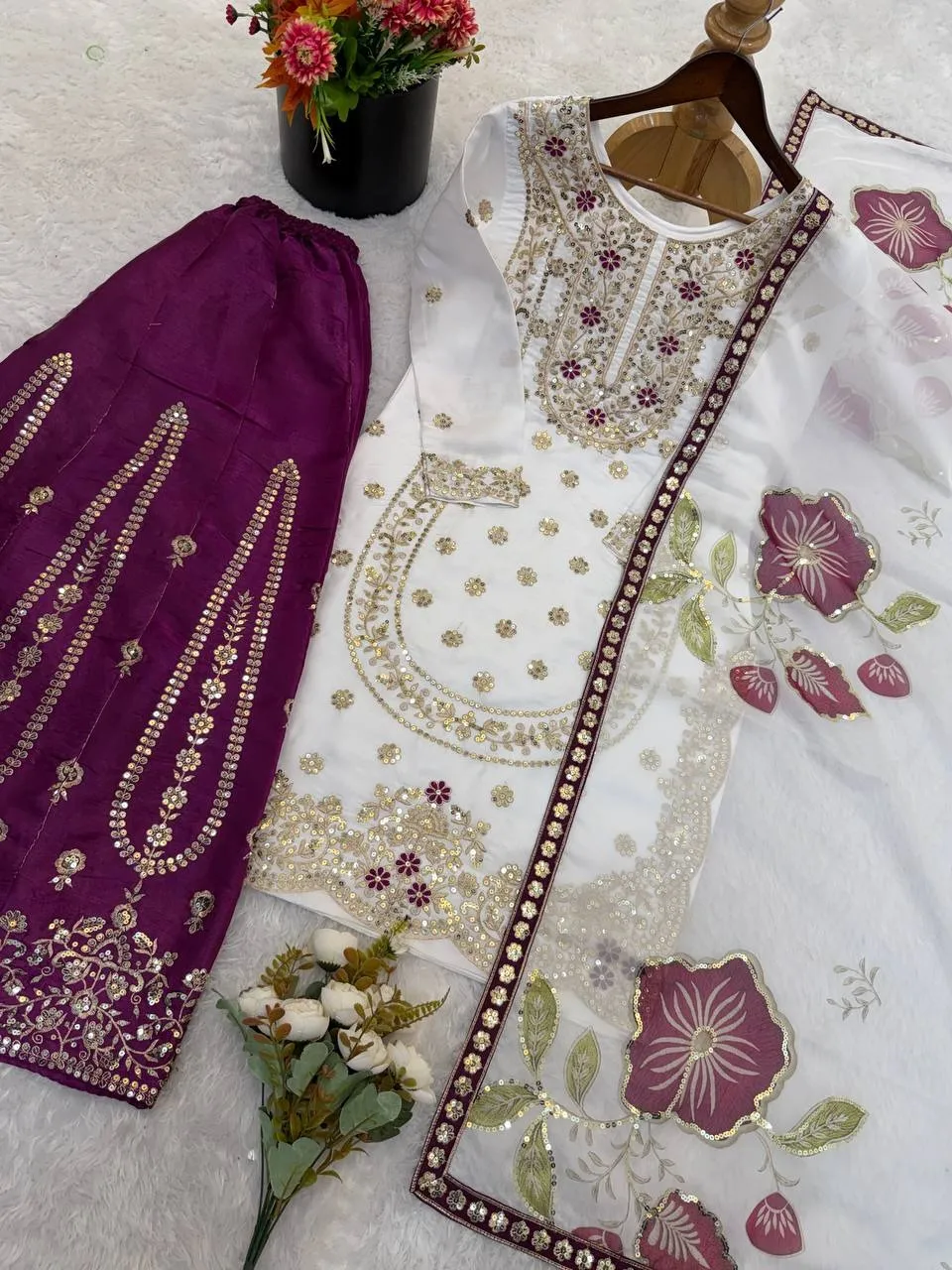 Readymade Pakistani Flared plazzo kurta Set purple - Image 2