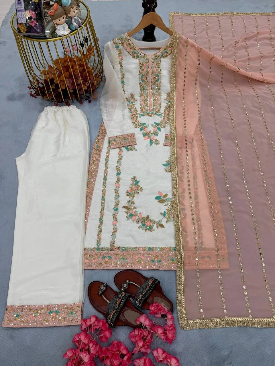 Readymade Pakistani Straight Salwar Suit Peach