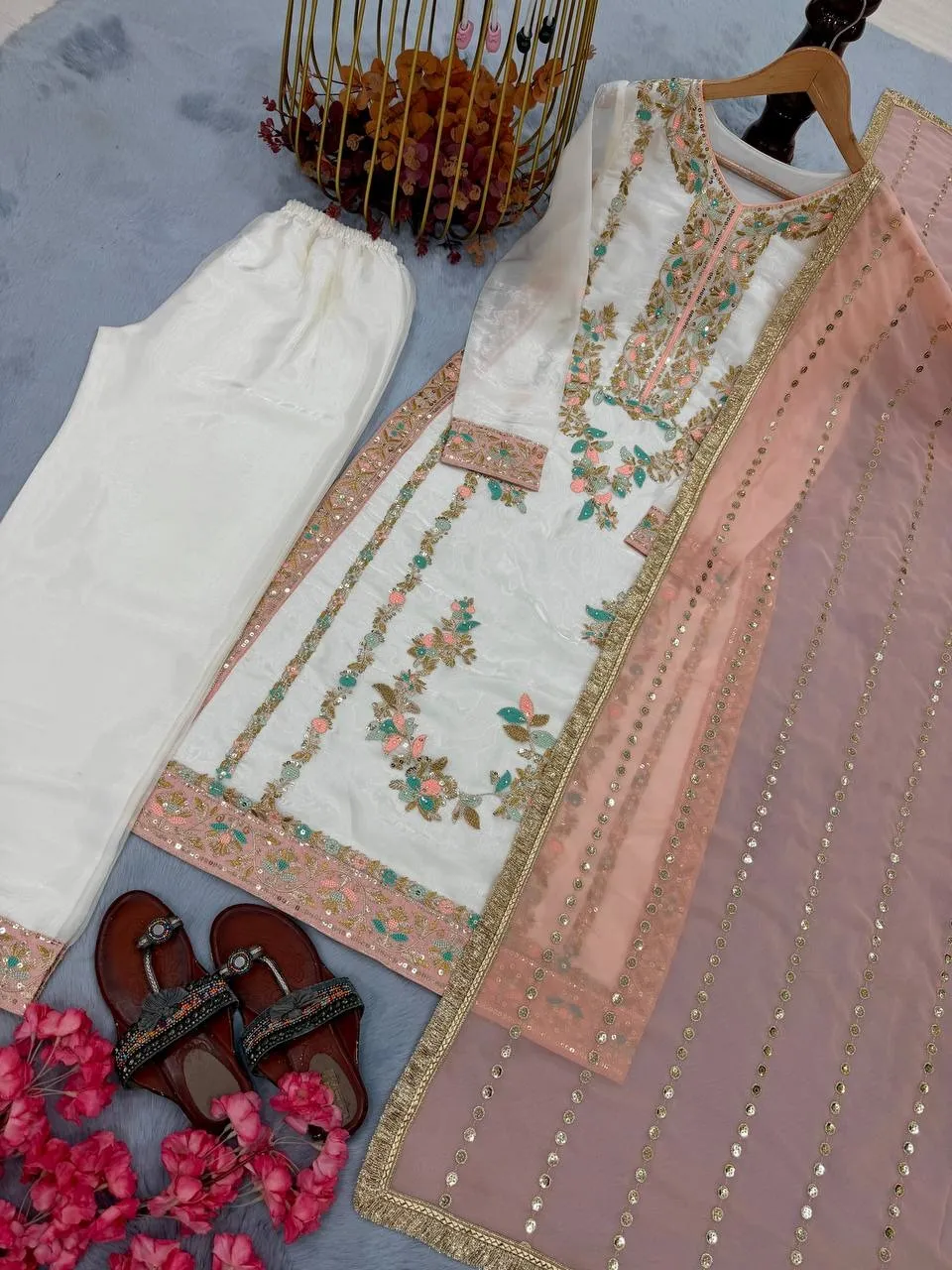 Readymade Pakistani Straight Salwar Suit Peach - Image 2