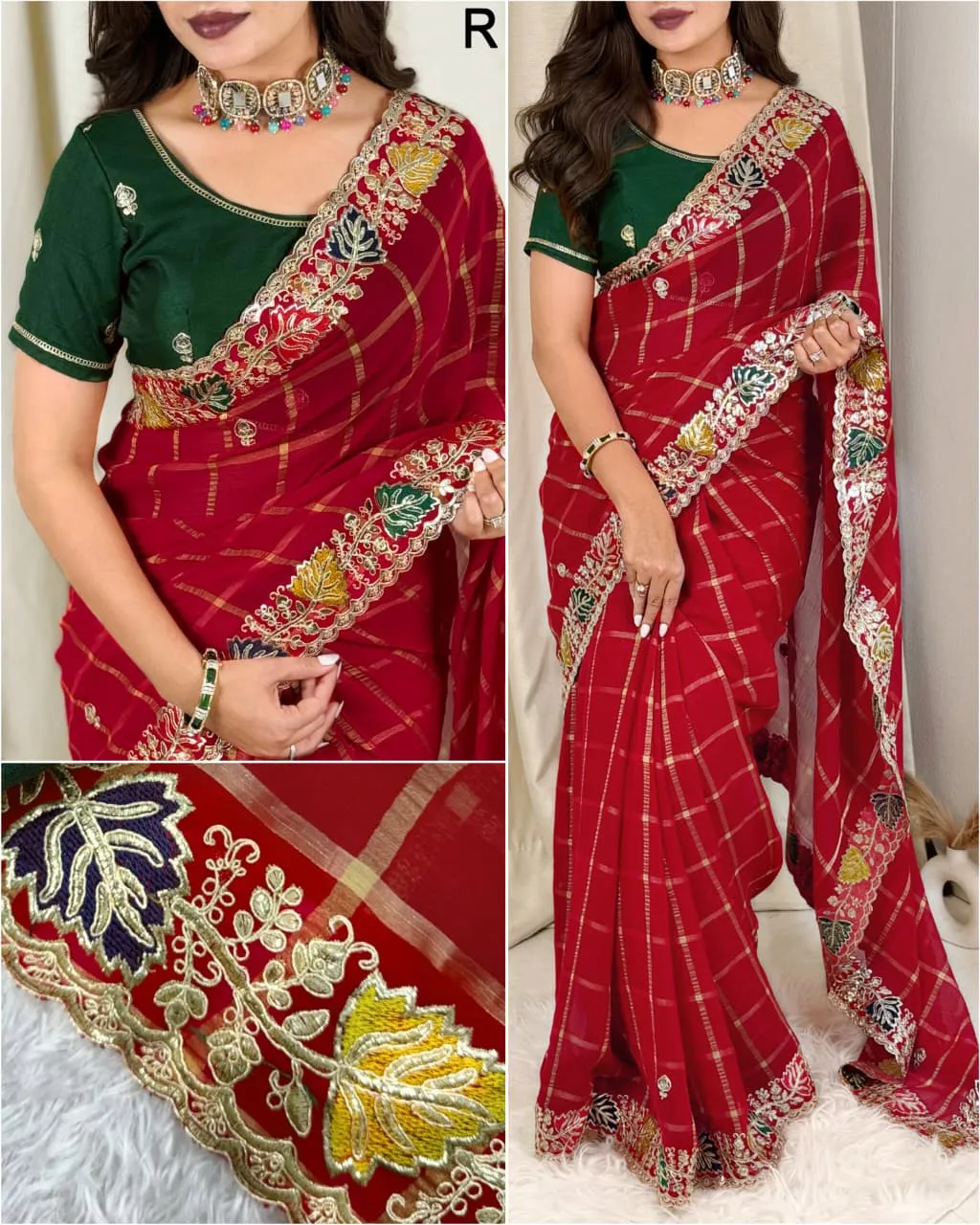 Red Coding work Rajasthani Style Wedding Saree - Image 2