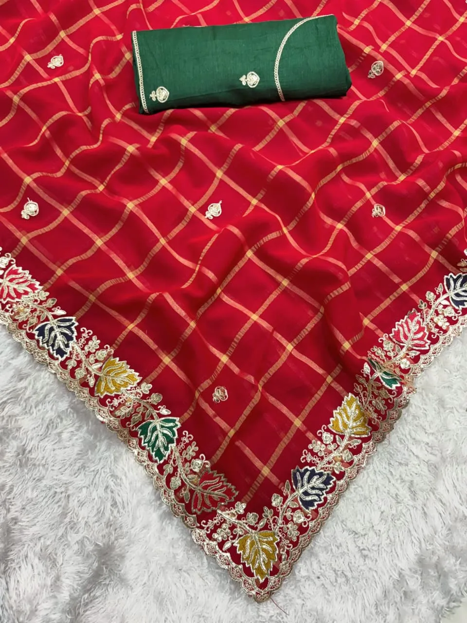 Red Coding work Rajasthani Style Wedding Saree - Image 3