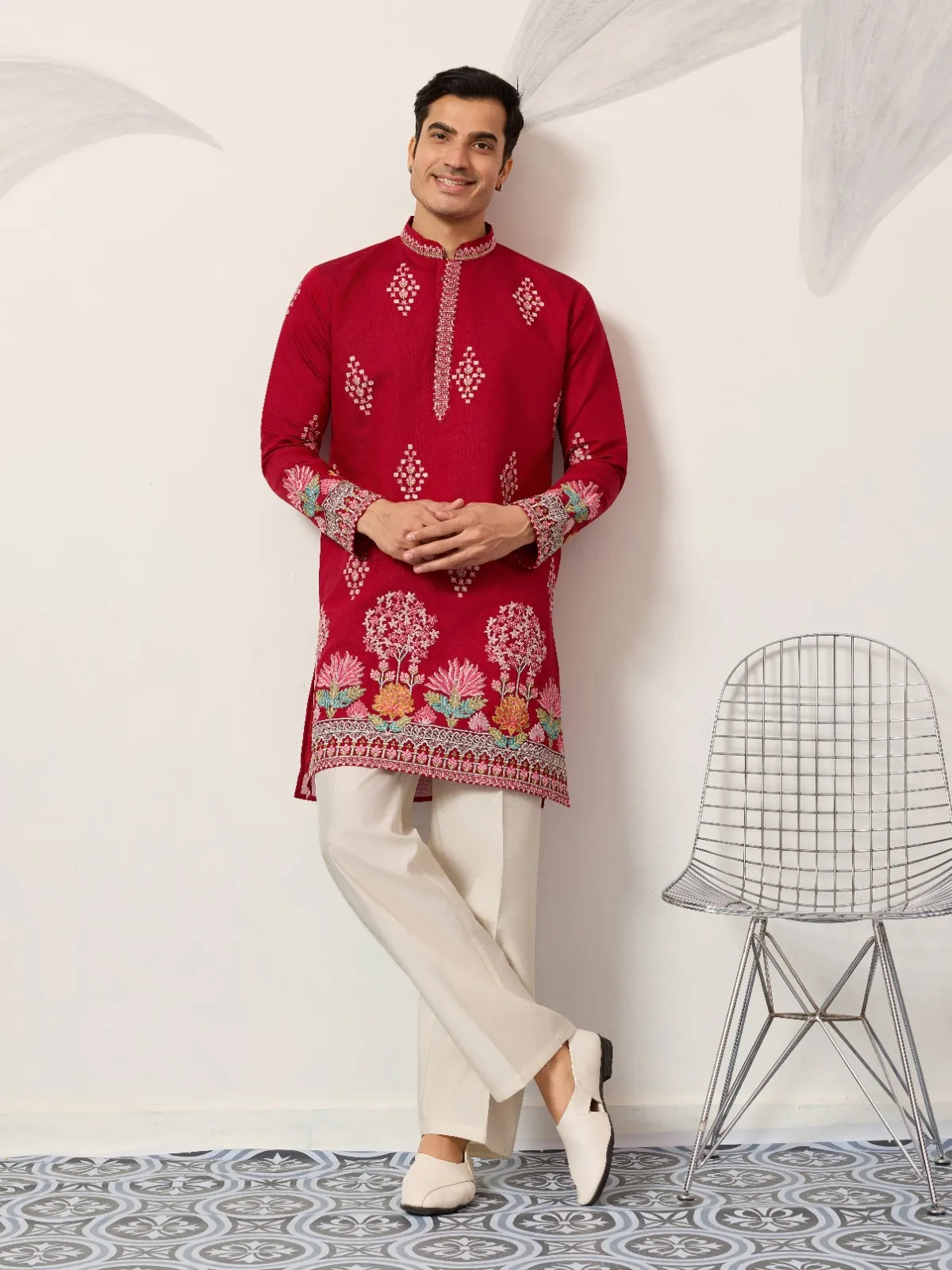 Red Embroidery Men Kurta
