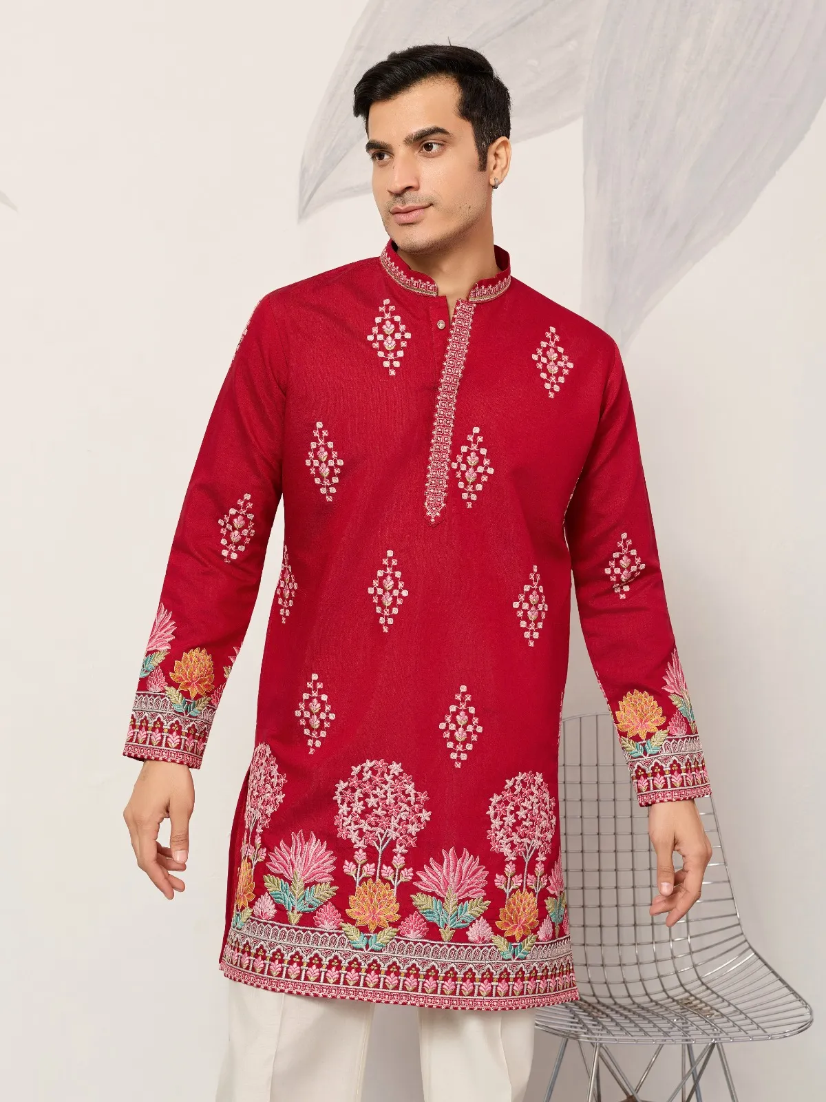 Red Embroidery Men Kurta - Image 3