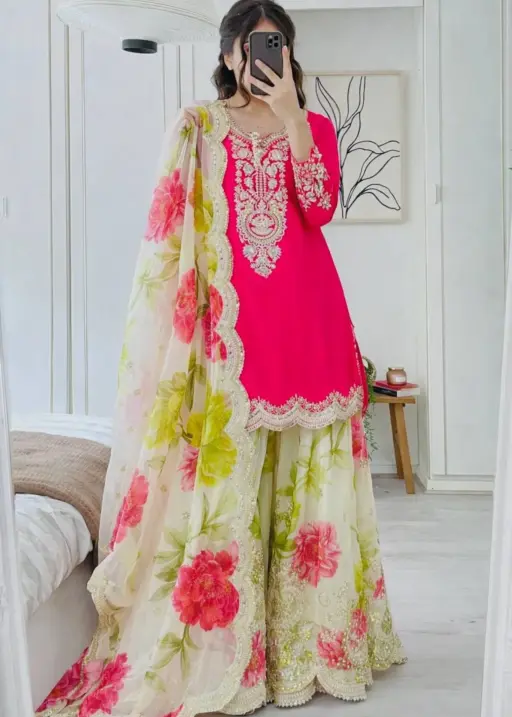 Red Floral Salwar Plazzo Suit | Pakistani Dresses