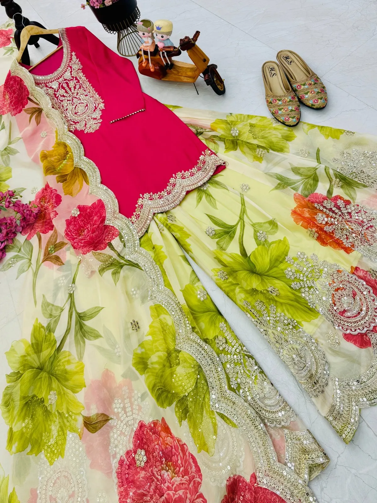 Red Floral Salwar Plazzo Suit | Pakistani Dresses - Image 2