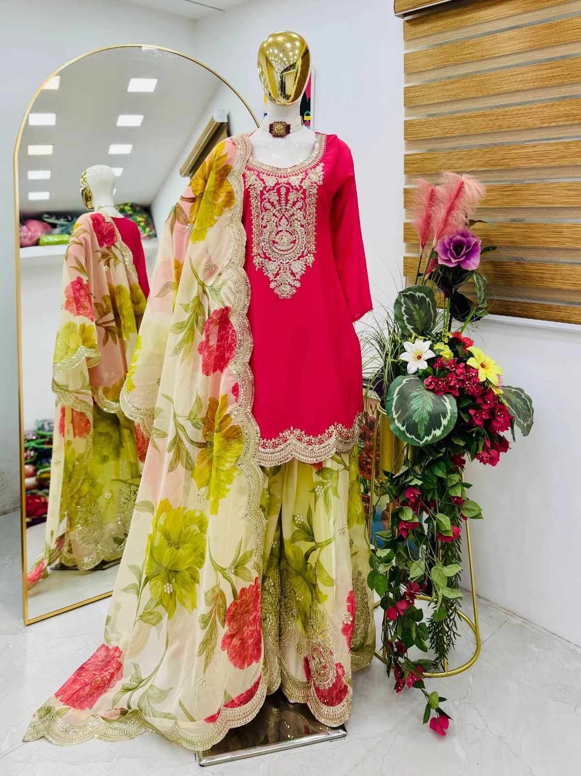 Red Floral Salwar Plazzo Suit | Pakistani Dresses - Image 3