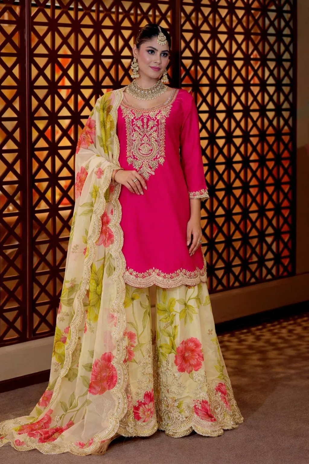 Red Floral Salwar Plazzo Suit | Pakistani Dresses - Image 5