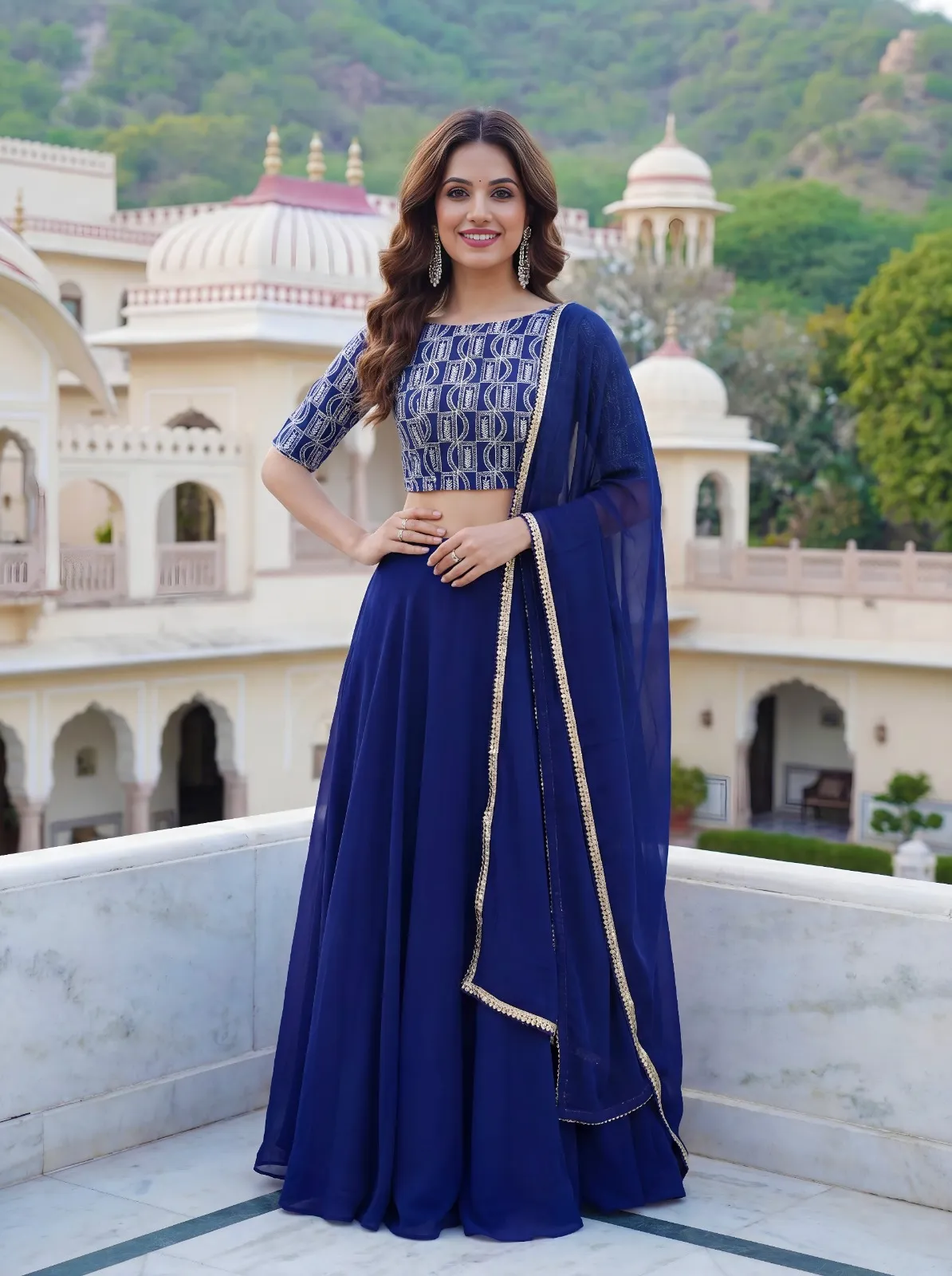 Royal Blue Embroidered Georgette Lehenga Set