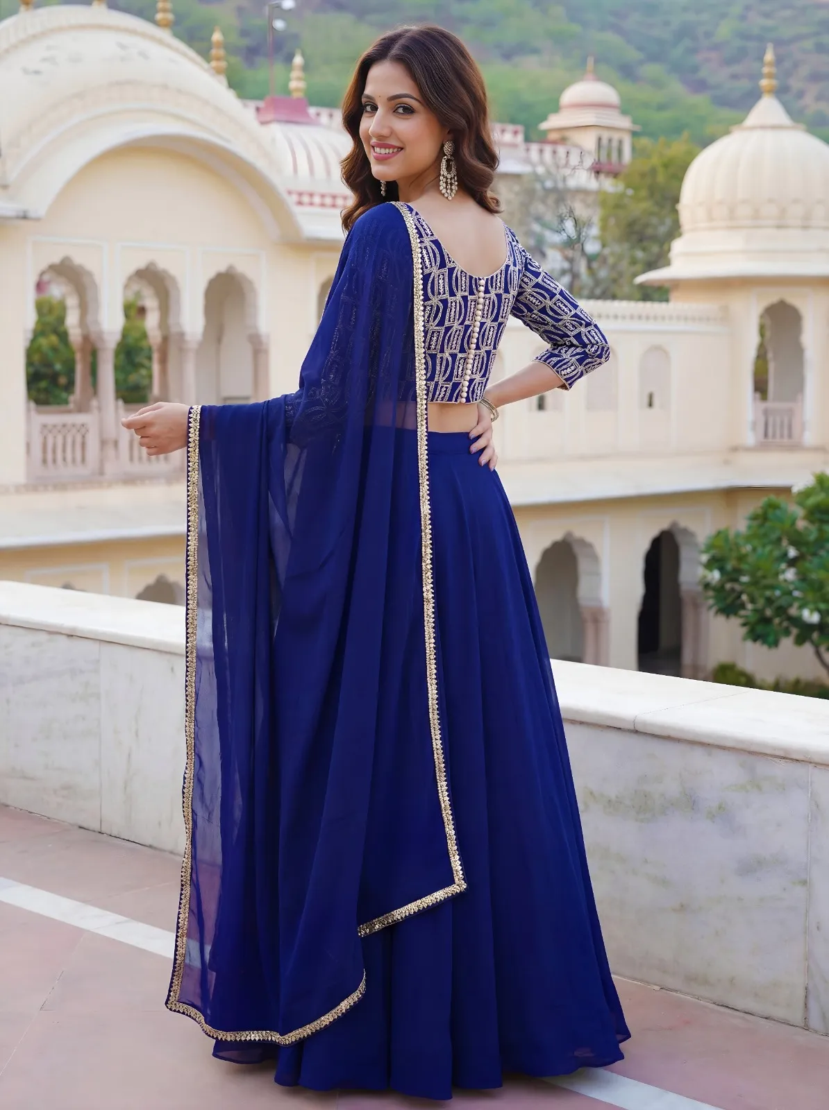 Royal Blue Embroidered Georgette Lehenga Set - Image 2