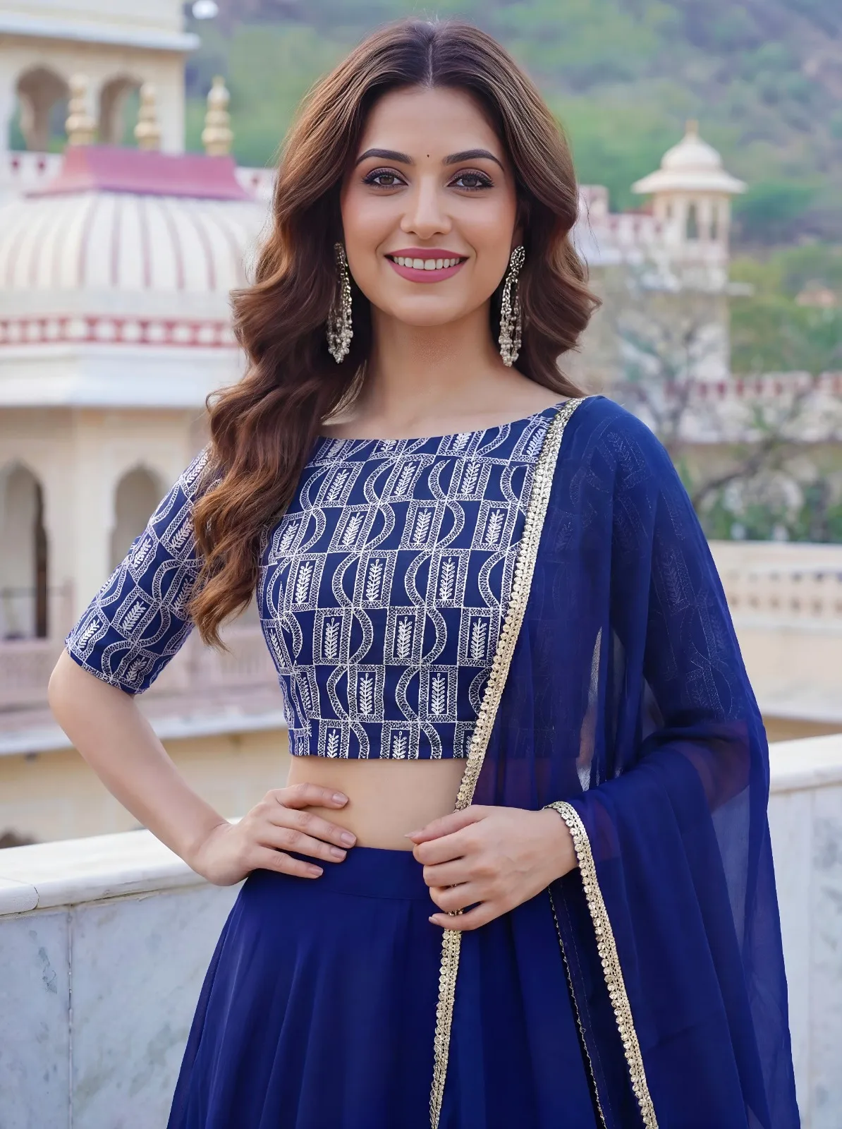 Royal Blue Embroidered Georgette Lehenga Set - Image 3