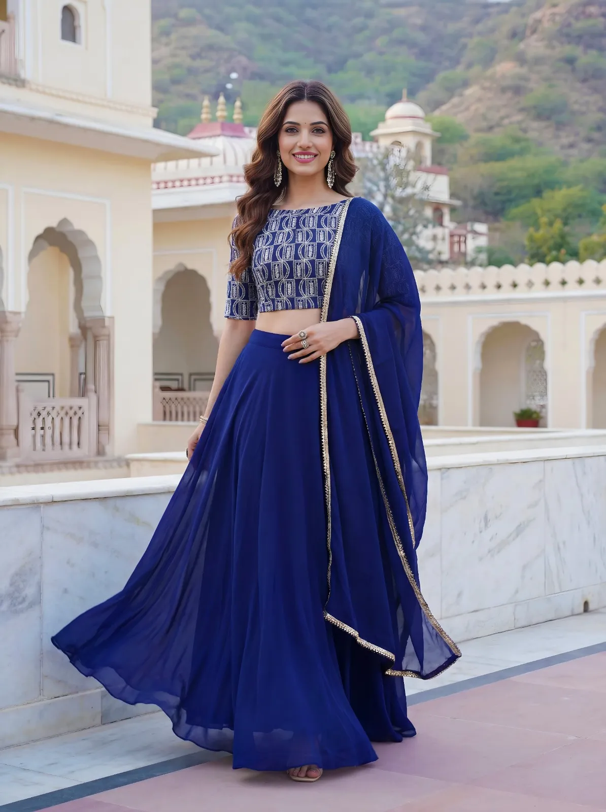 Royal Blue Embroidered Georgette Lehenga Set - Image 4