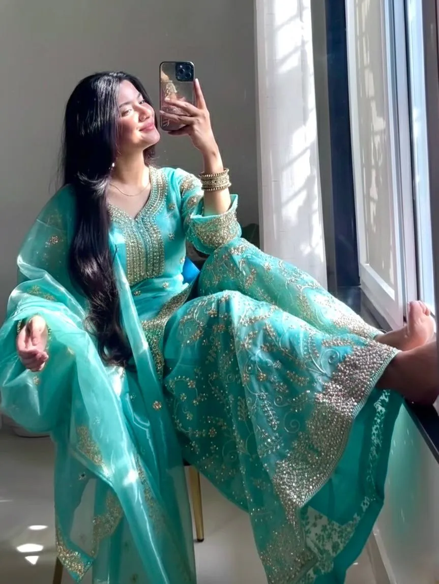 Sky Blue Readymade Silk Pakistani Plazzo Dress