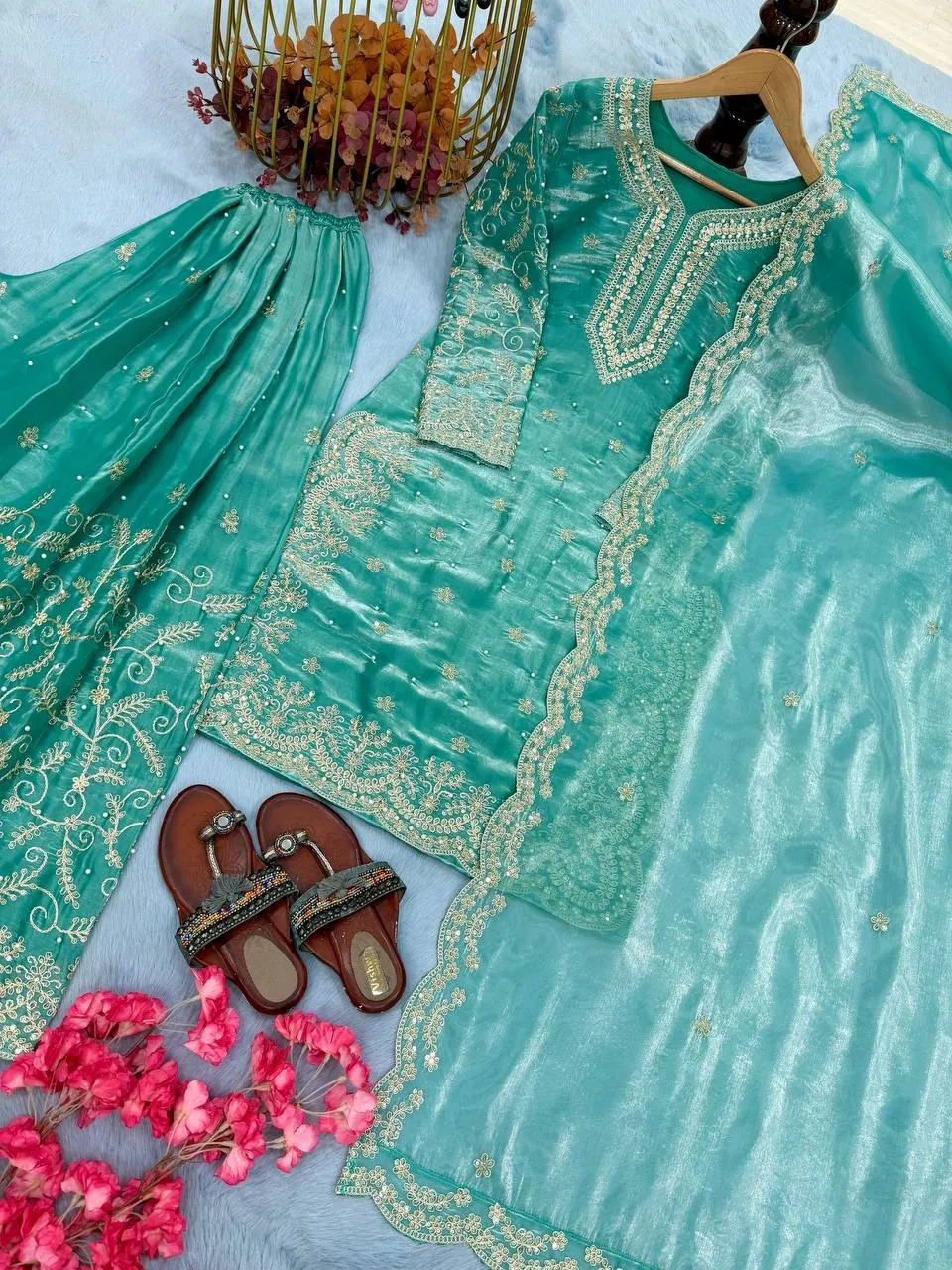Sky Blue Readymade Silk Pakistani Plazzo Dress - Image 2