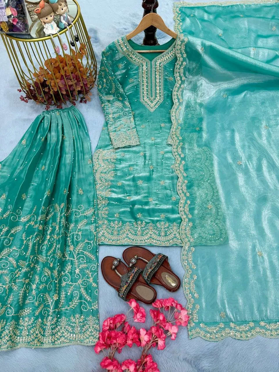 Sky Blue Readymade Silk Pakistani Plazzo Dress - Image 3