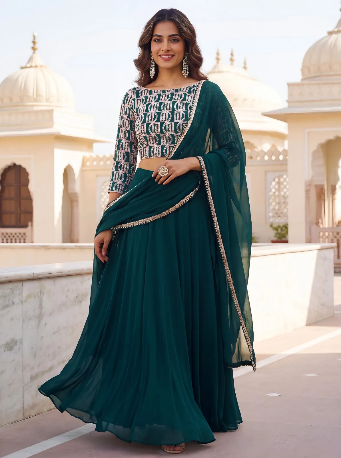 Teal Green Embroidered Georgette Lehenga Set