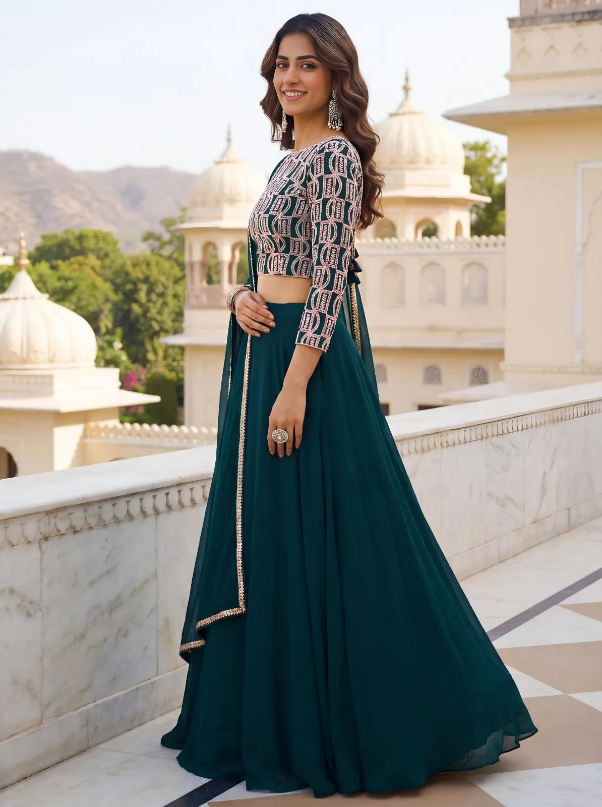 Teal Green Embroidered Georgette Lehenga Set - Image 2