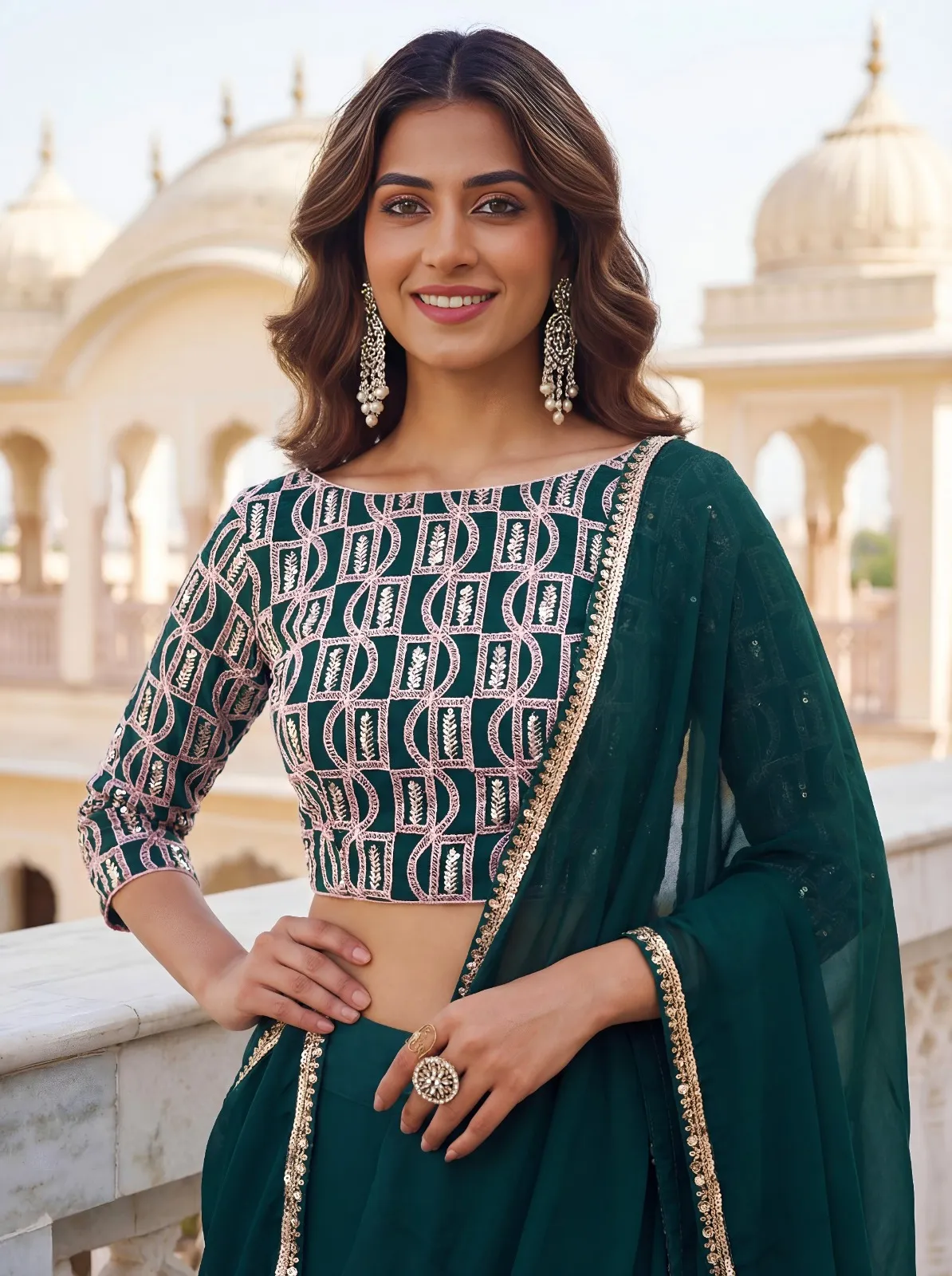 Teal Green Embroidered Georgette Lehenga Set - Image 3