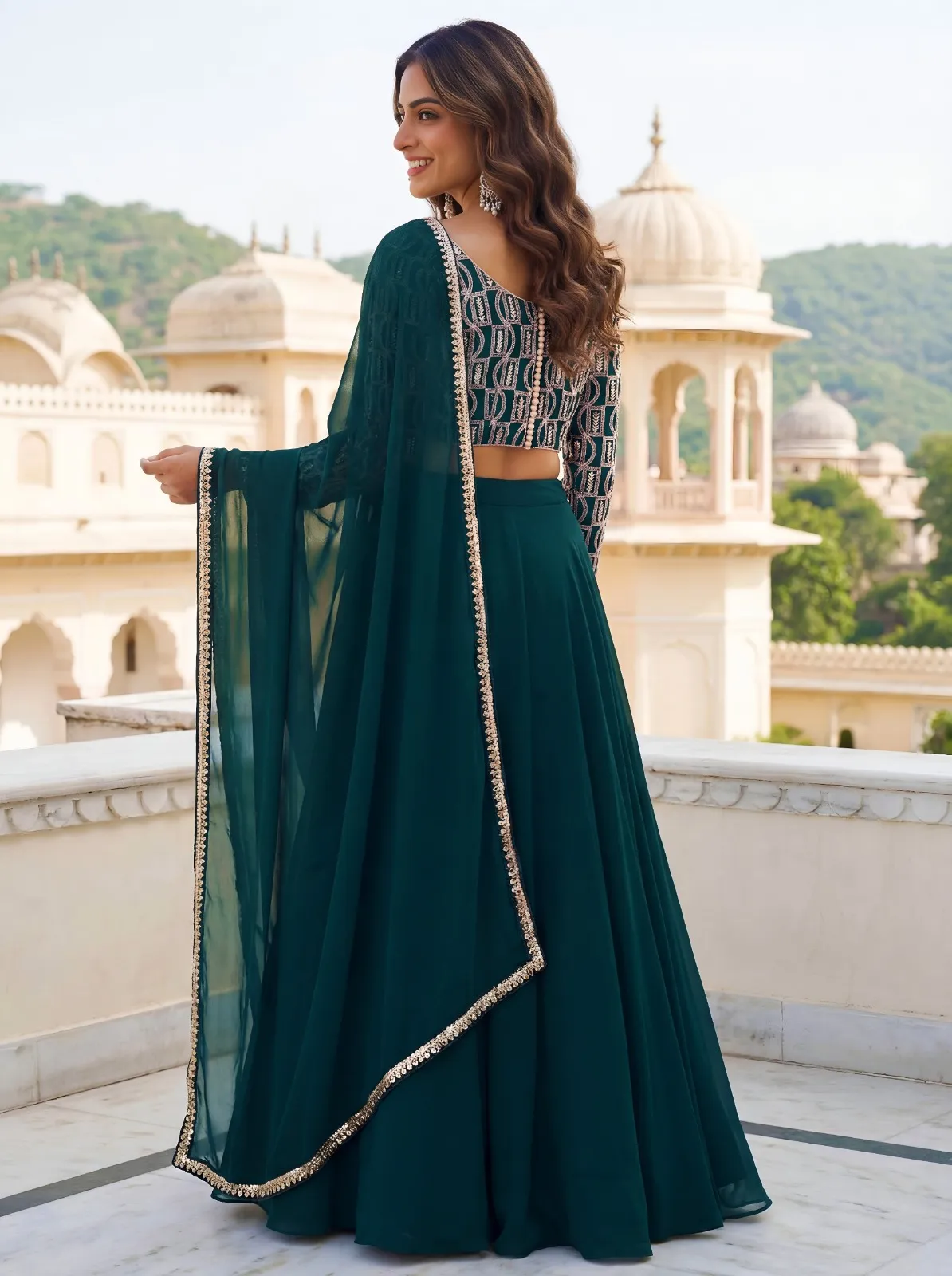 Teal Green Embroidered Georgette Lehenga Set - Image 4