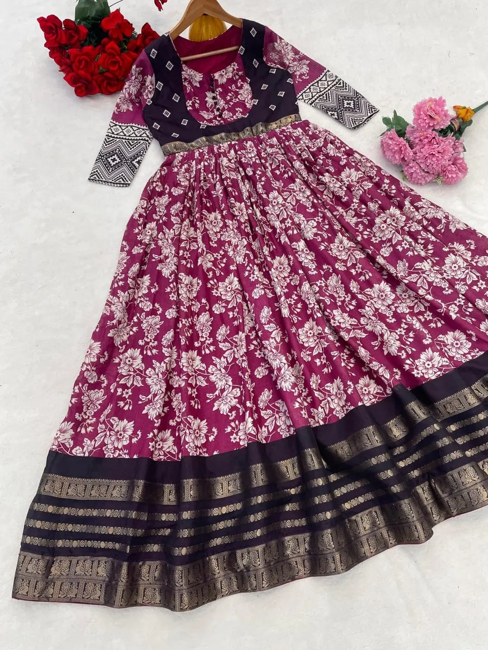 Wine Color Kalamkari Party Gown - Image 3