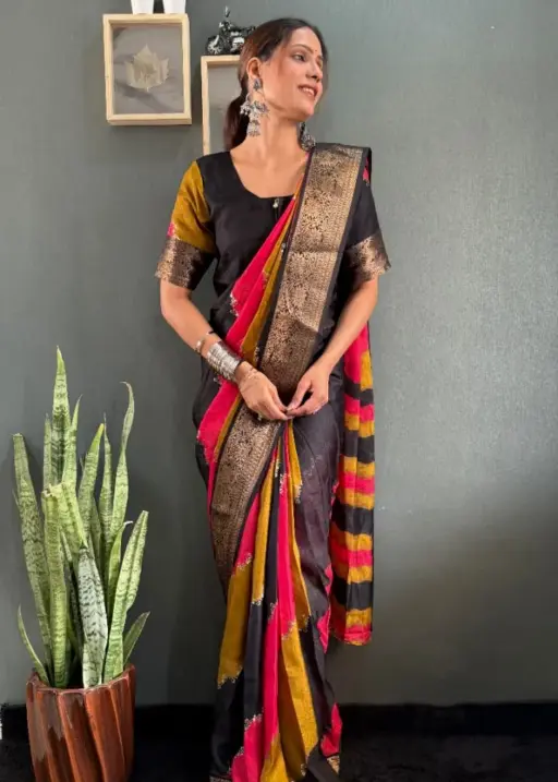 Black Zip and Go Saree Wedding Special Premium Dola Silk