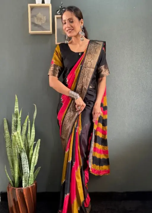 Black Zip and Go Saree Wedding Special Premium Dola Silk