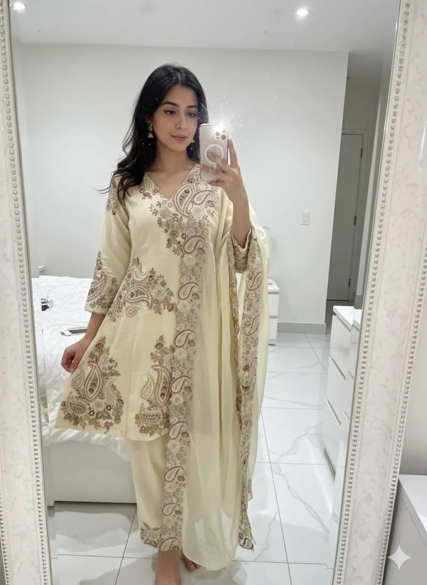 Creme Embroidered Pakistani Sharara