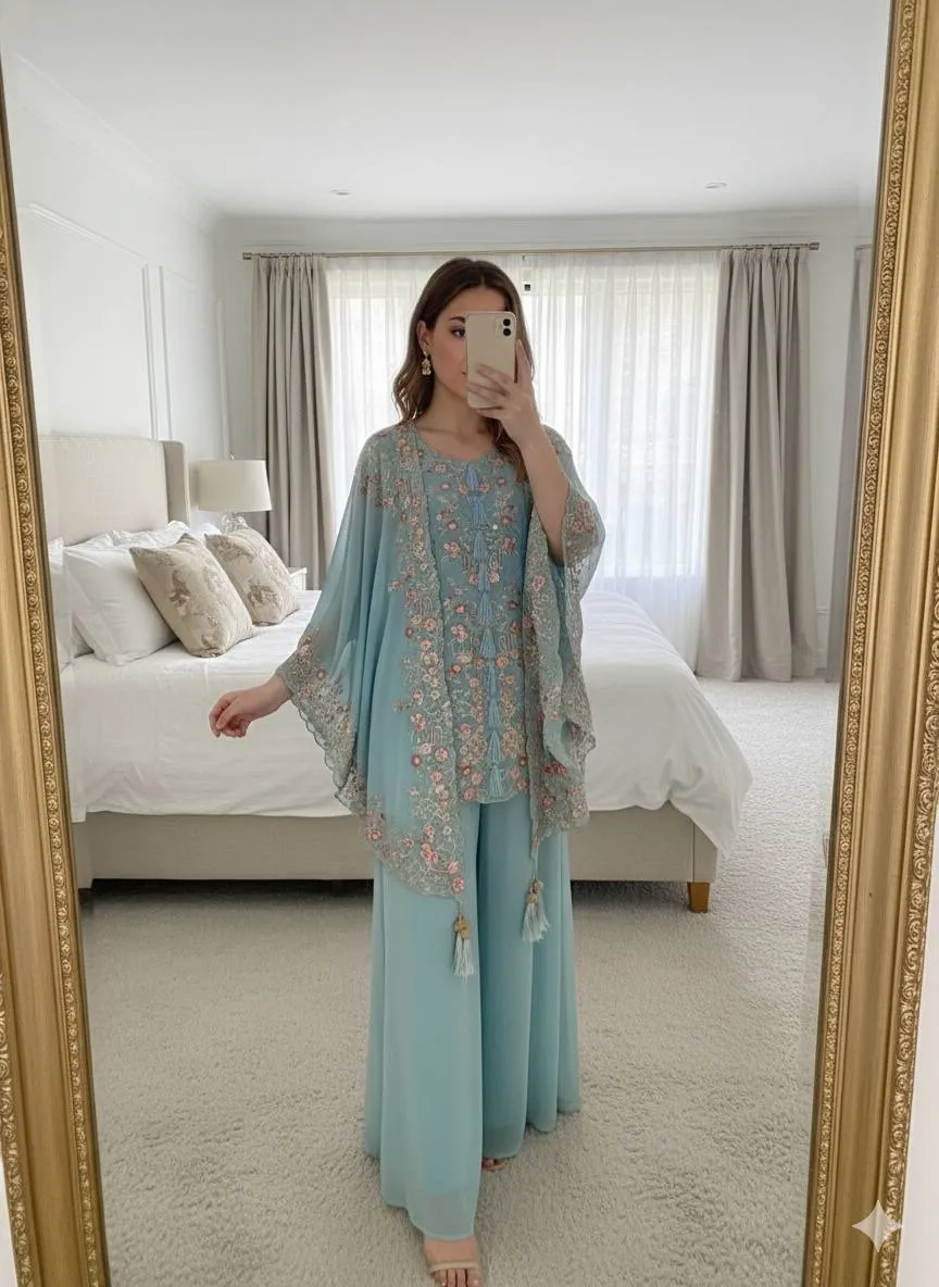 Designer Shrug Style Readymade Dress Blue