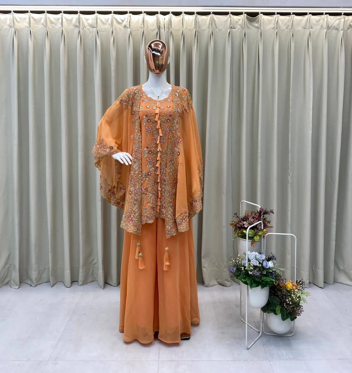 Designer Shrug Style Readymade Dress Orange - Image 3