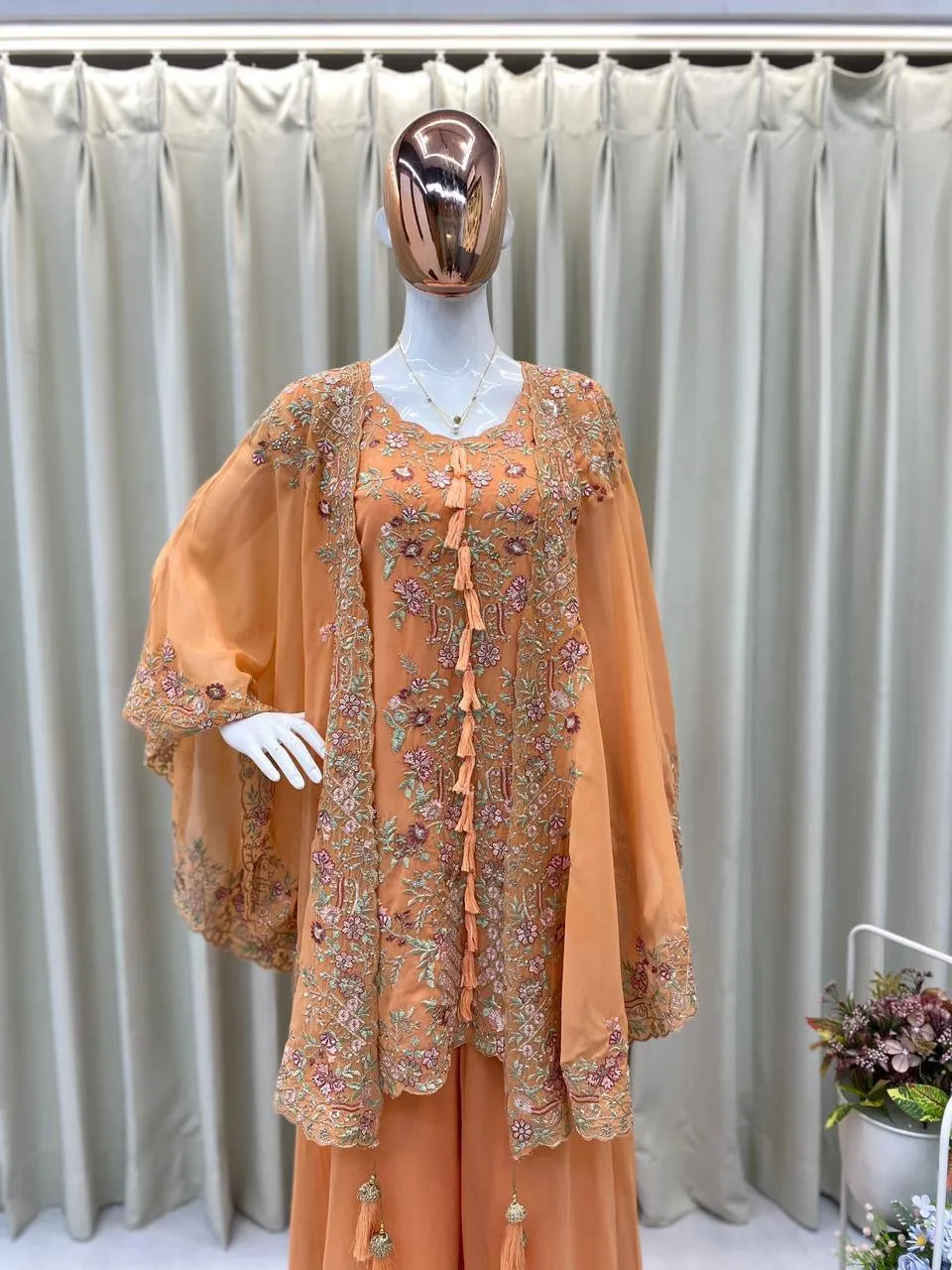 Designer Shrug Style Readymade Dress Orange - Image 5