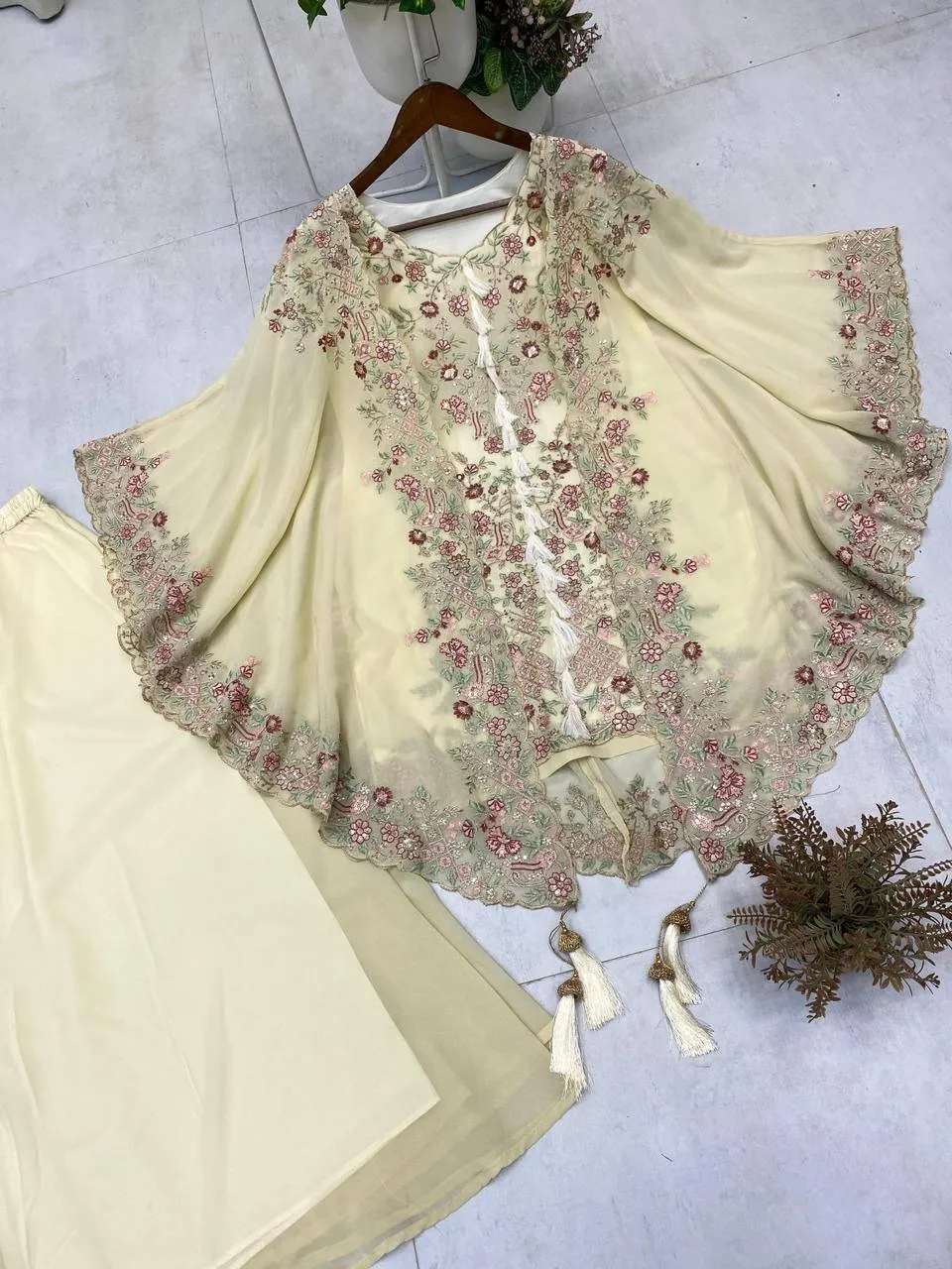 Designer Shrug Style Readymade Dress White - Image 3