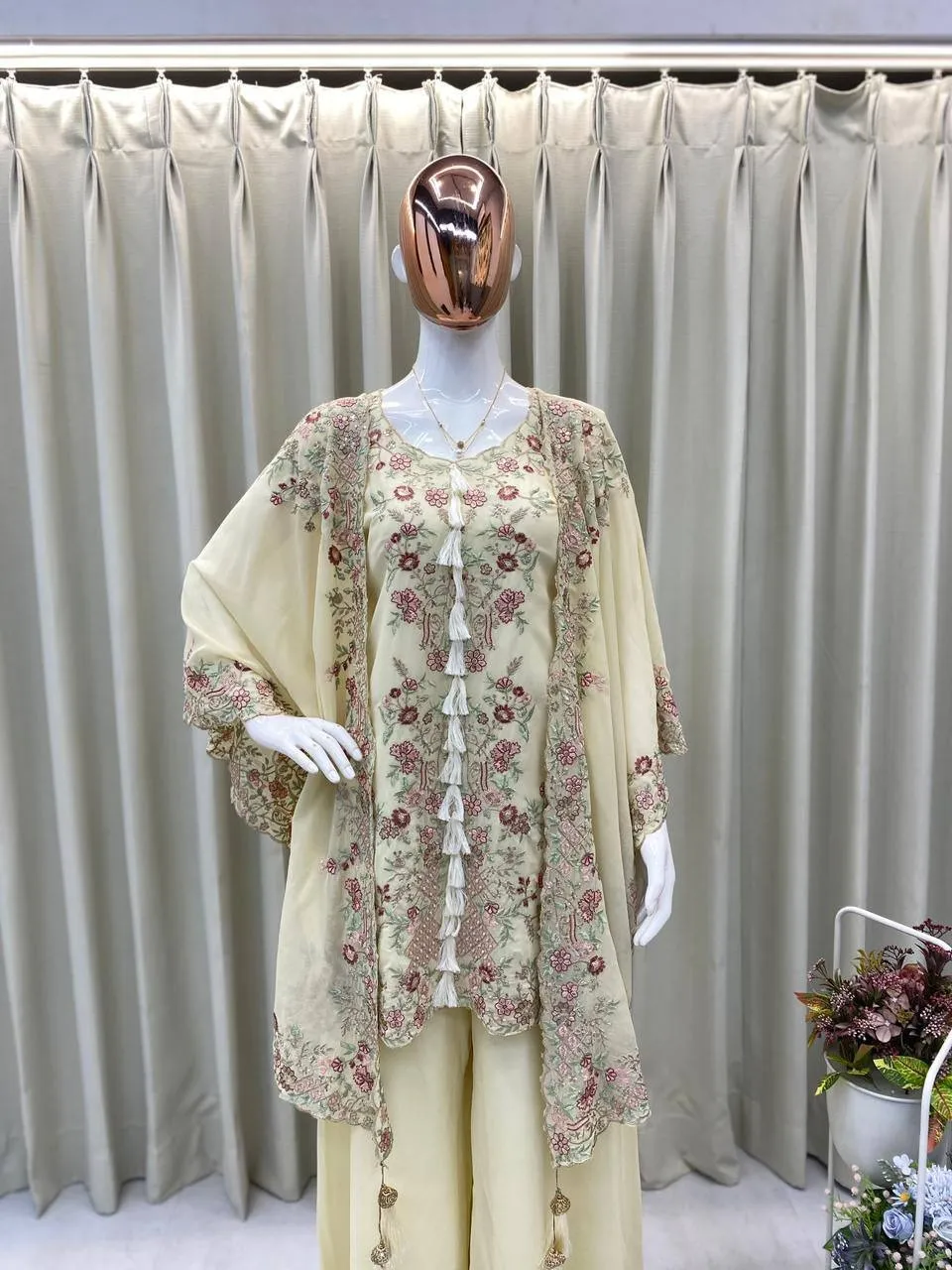 Designer Shrug Style Readymade Dress White - Image 4