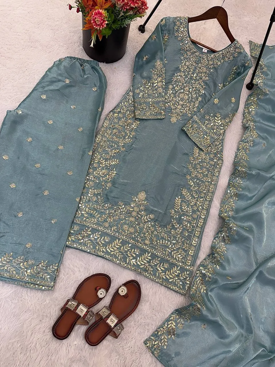 Eid Festival Pakistani Readymade Gray Dress - Image 3