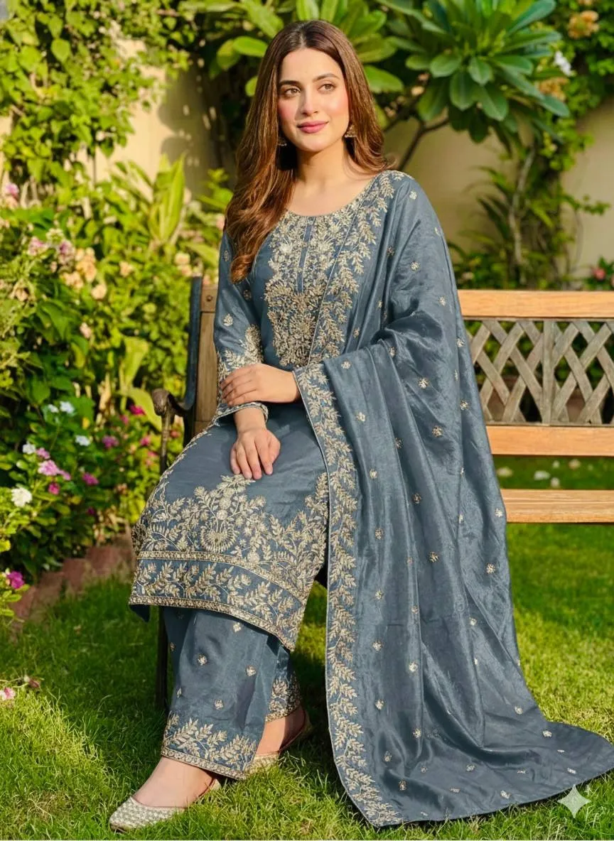 Eid Festival Pakistani Readymade Gray Dress - Image 4