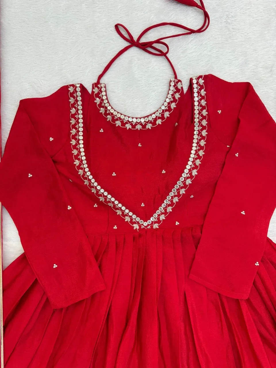 Stylish Neck Pattern Red Anarkali Suit Set - Image 3