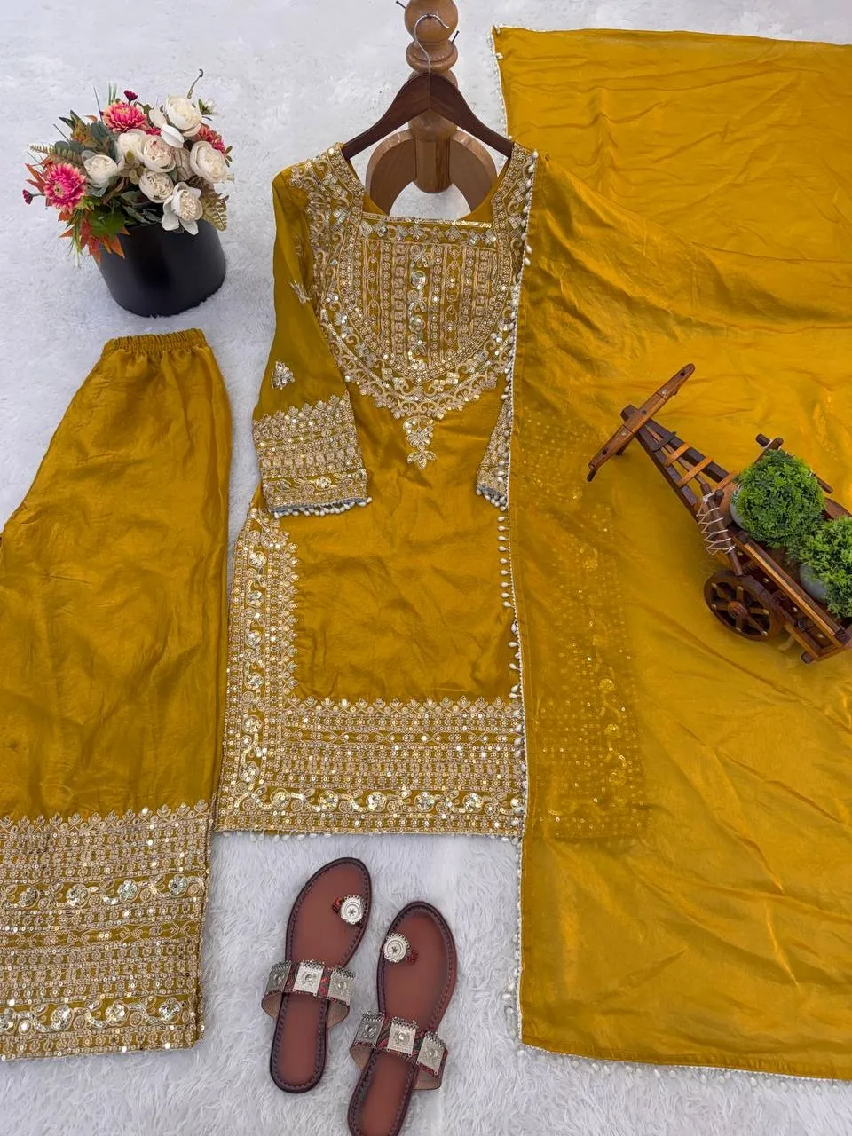 Mustard Wedding Readymade Embroidery Dress