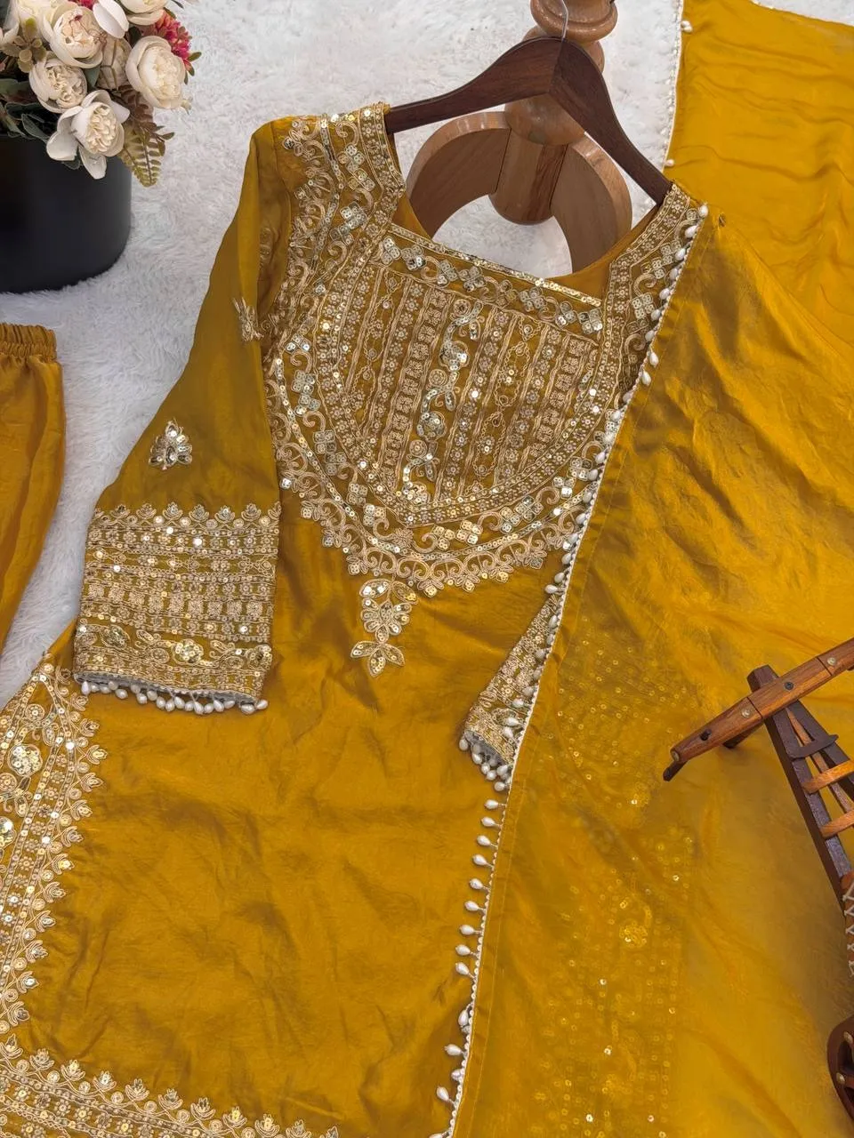Mustard Wedding Readymade Embroidery Dress - Image 2