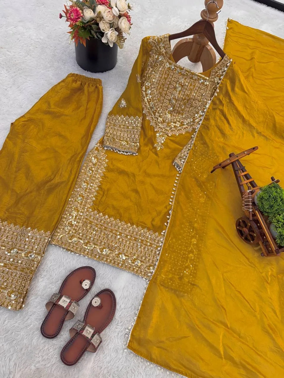 Mustard Wedding Readymade Embroidery Dress - Image 3