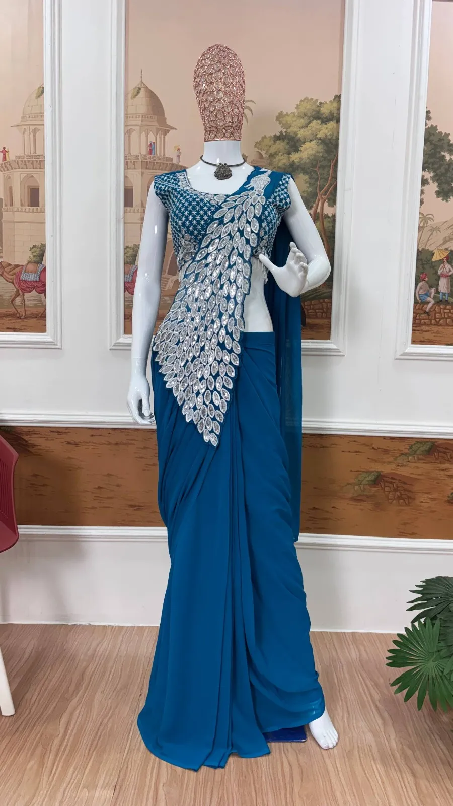 Navy Blue Peacock Pallu Readymade Saree