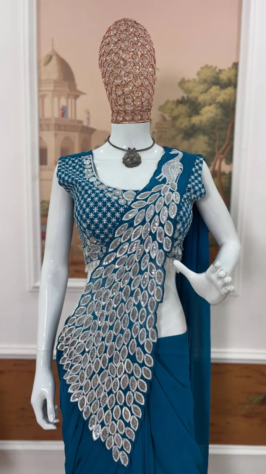 Navy Blue Peacock Pallu Readymade Saree - Image 3