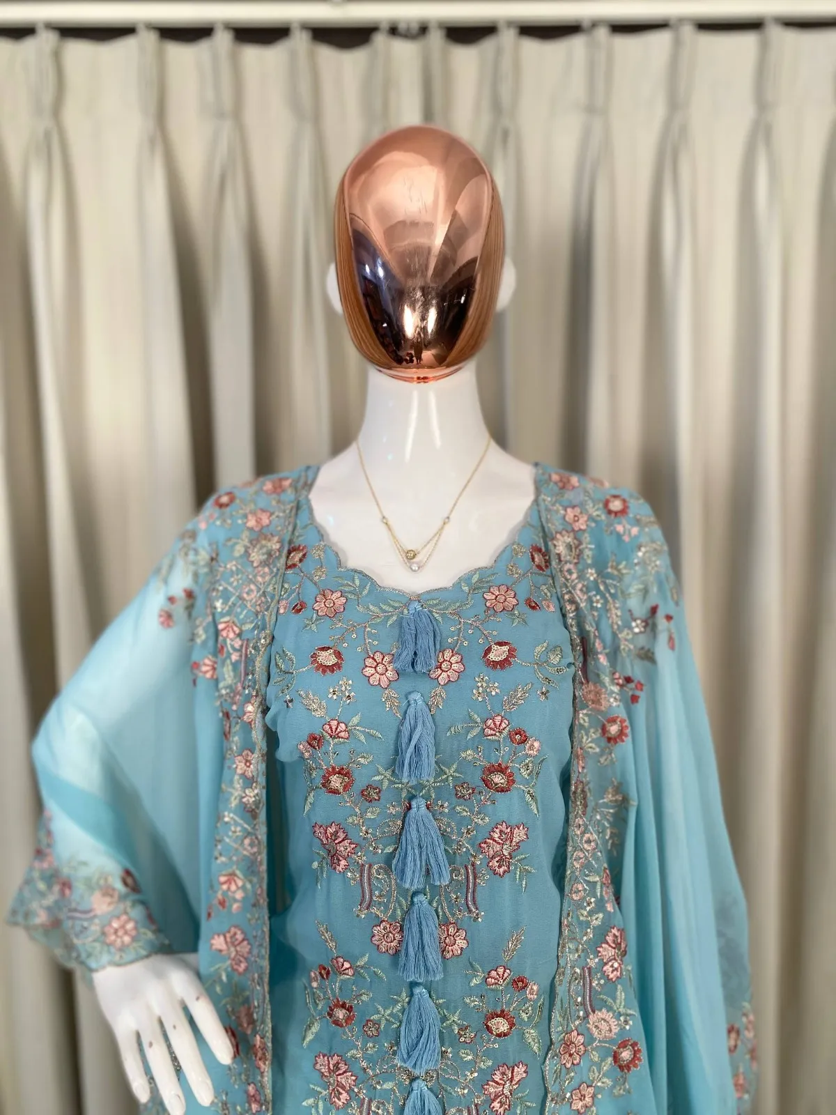 Designer Shrug Style Readymade Dress Blue - Image 4