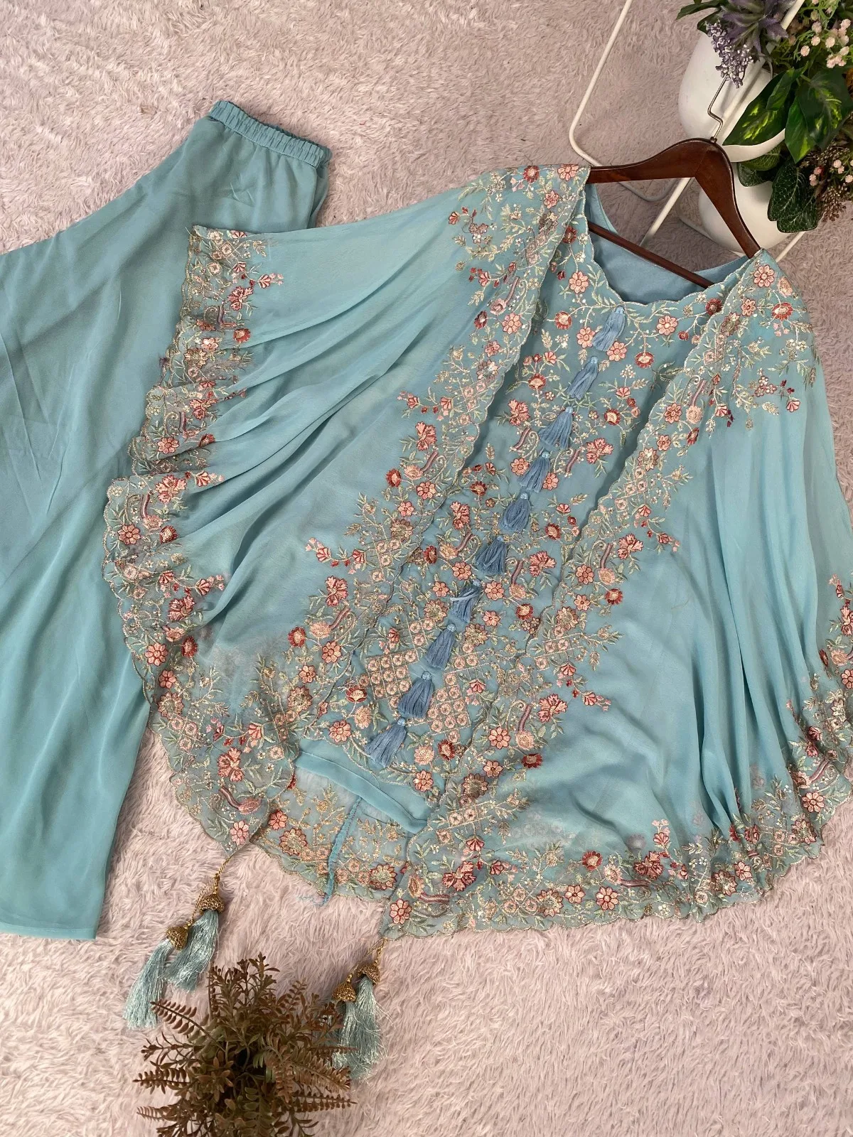 Designer Shrug Style Readymade Dress Blue - Image 3