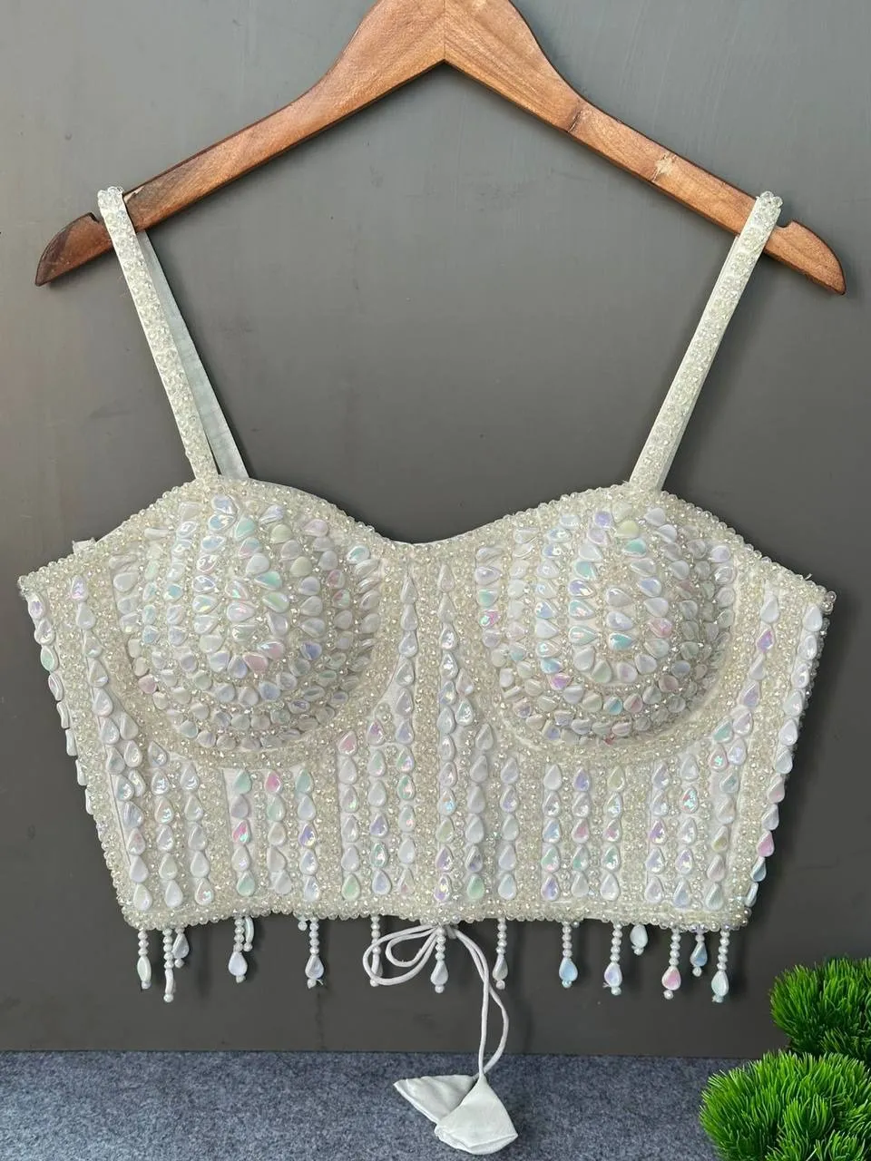 Party Wear Pearl Moti Spaghetti Blouse White - Image 2
