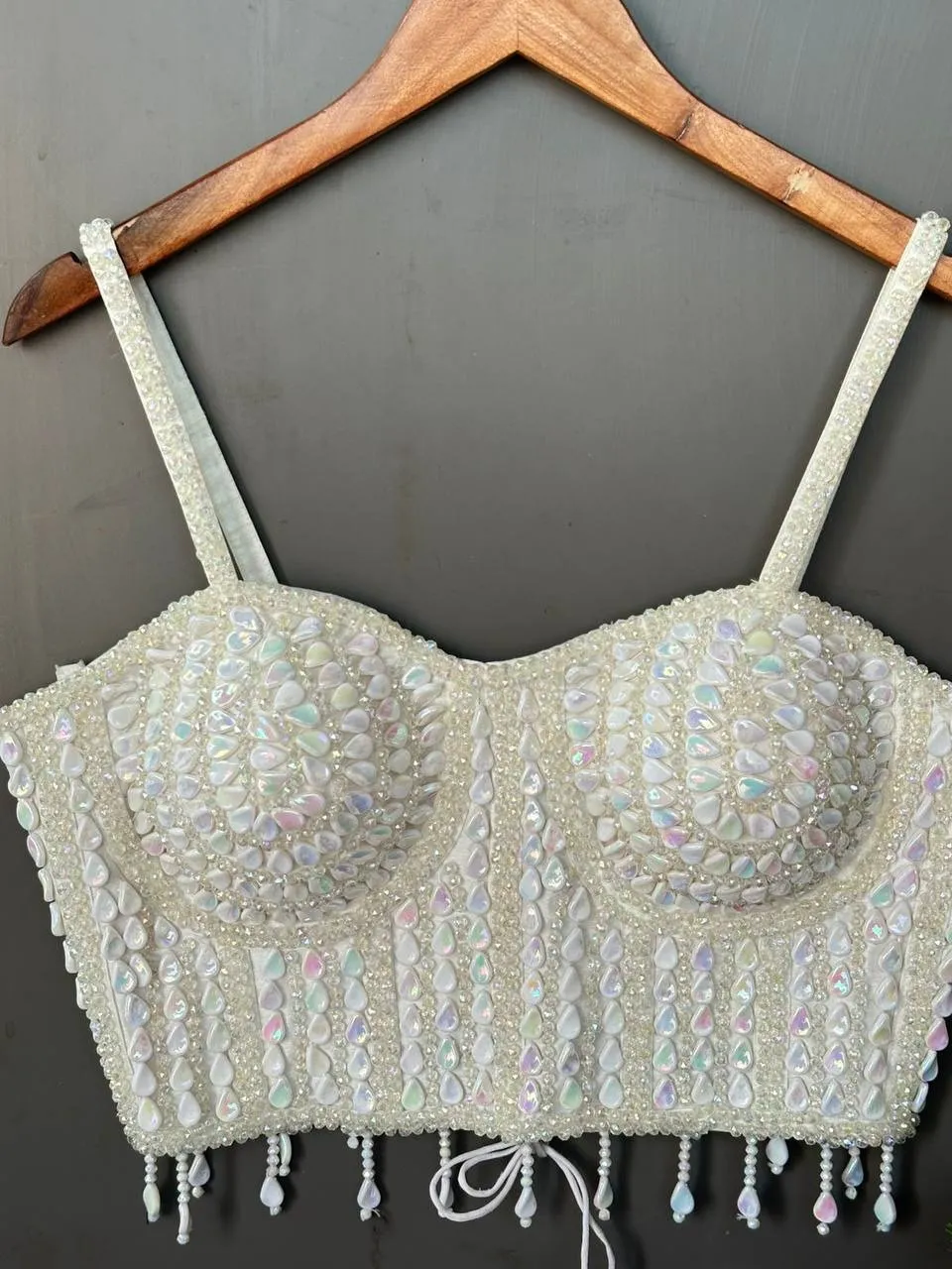 Party Wear Pearl Moti Spaghetti Blouse White - Image 4