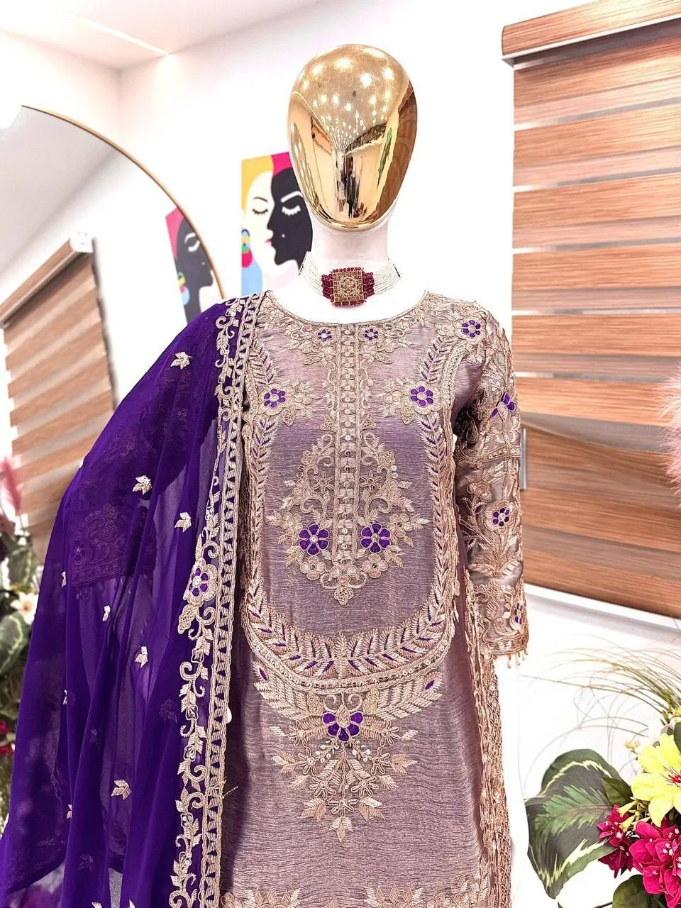 Purple Readymade Sharara Salwar Dress - Image 2