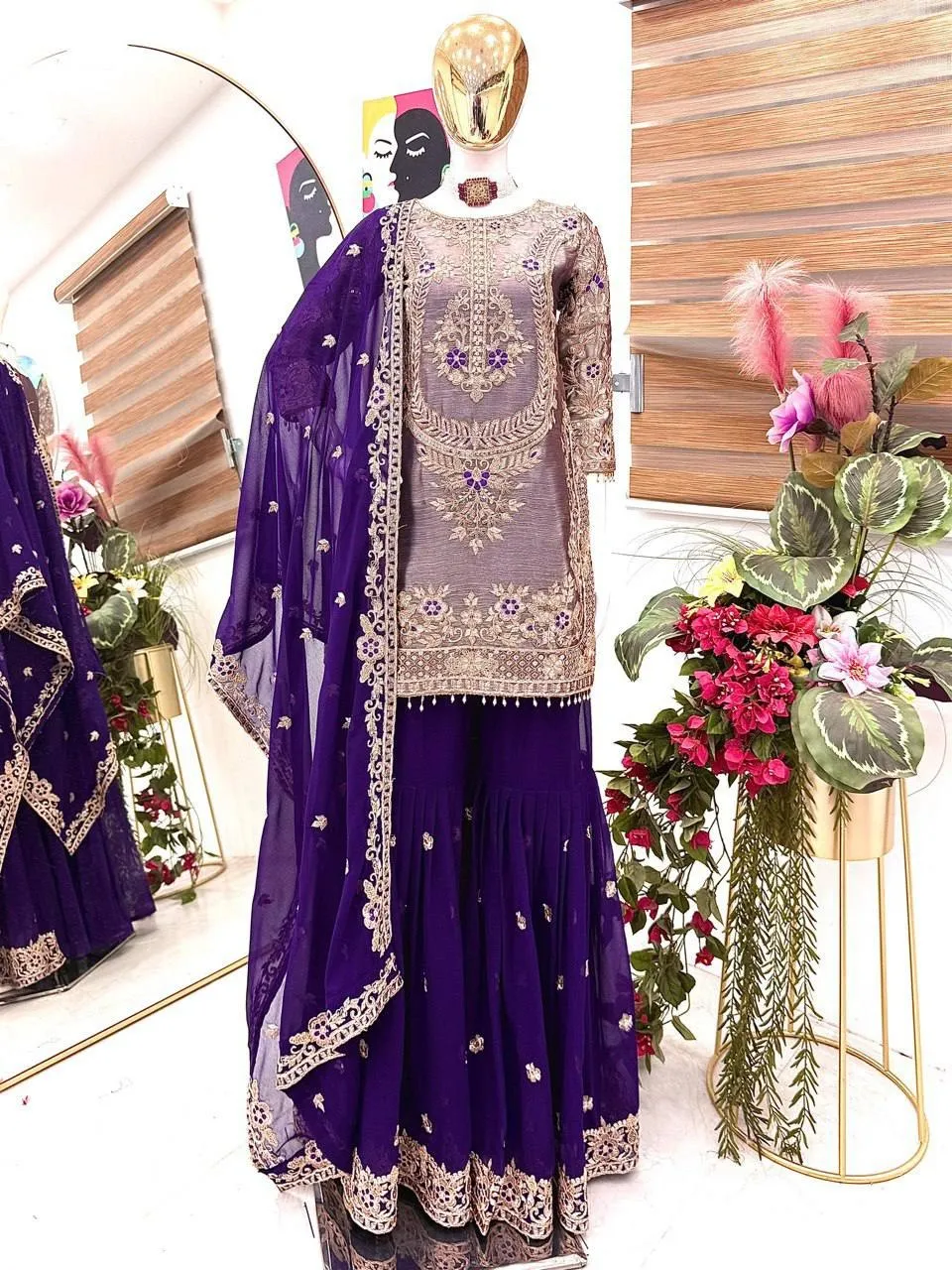 Purple Readymade Sharara Salwar Dress - Image 3