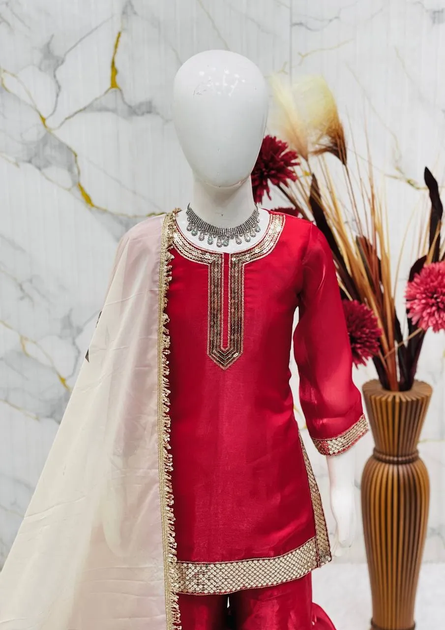 Red Girl Kid Sharara Suit - Image 2